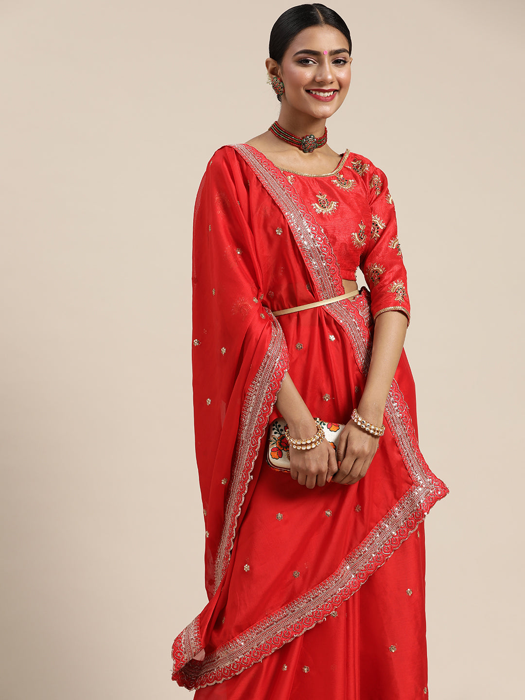 Chhabra 555 Red Bridal Cut-Work Bordered Sequence Embellished Saree With Resham Embroidered Blouse