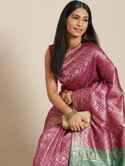 Chhabra 555 Burgundy Silk Blend Geometrical Ikat Inspired Banarasi Woven Saree With Contrast Pallu