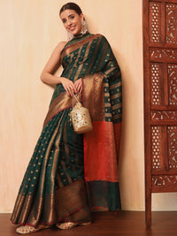 Chhabra 555 Bottle Green Banarasi Chanderi Saree with Striped Oxidised Zari Weaving