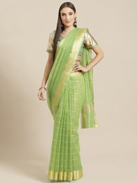 Green Chanderi Silk Kota saree with intricate Zari weaving in a striped pattern Saree