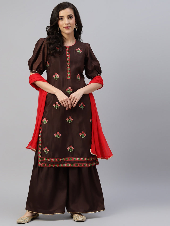 Chhabra 555 Brown Resham Embroidered Crape Unstitched Dress Material with Contrast Chiffon Dupatta  