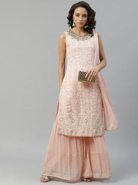 Pink Chicken Embroidered Georgette Kurta Set with Mukaish Sharara & Gota Chiffon Dupatta