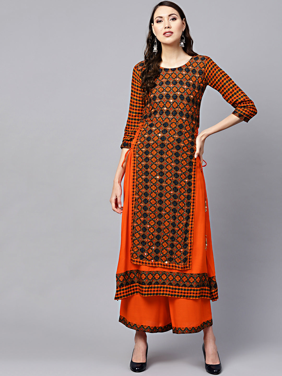 Chhabra 555 Orange Printed Layered Kurta Set with Mirror Embellishments and side tassles