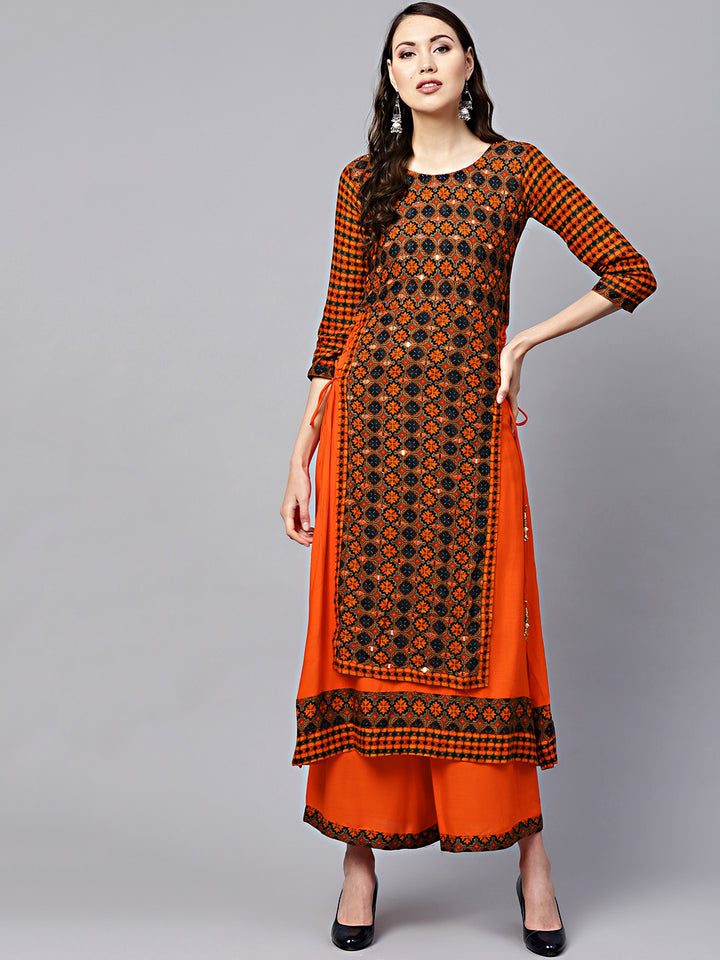 Chhabra 555 Orange Printed Layered Kurta Set with Mirror Embellishments and side tassles