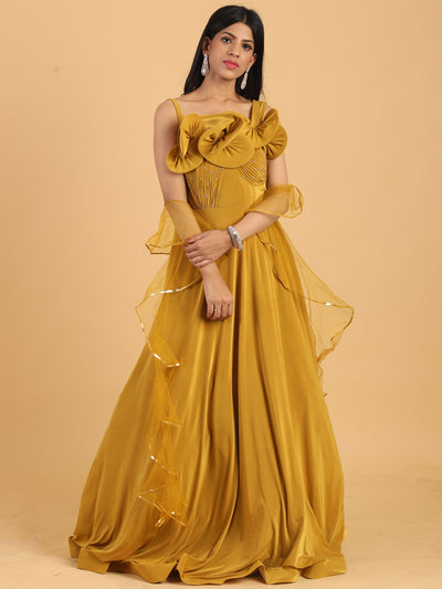 Chhabra 555 Mustard Yellow Embellished Cocktail Gown with Stylized Ruffled Neckline & Dupatta