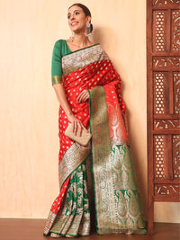 Chhabra 555 Kanjeewaram Banarasi Silk Half and Half pattern Saree with Contrast Floral Pleats