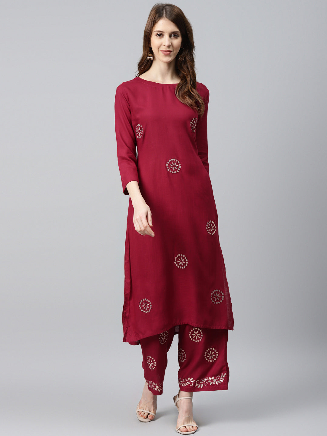 Made to Measure Maroon Jute Cotton Kurta Pallazo Set & Gotta Patti Embroidery