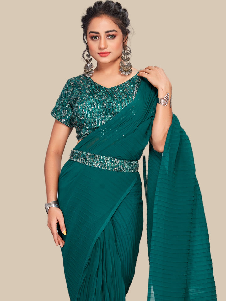 Chhabra 555 Bright Pleated Georgette Party Wear Saree With Sequin Embellished Blouse & Belt
