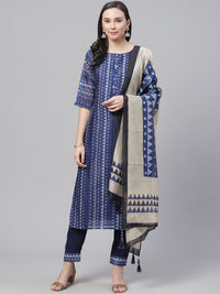 Chanderi Silk Dress Material with Digital Indigo & Indie Print with Maheshwari Dupatta