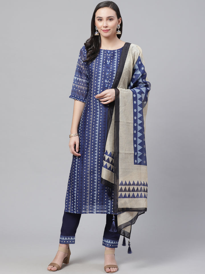 Chanderi Silk Dress Material with Digital Indigo & Indie Print with Maheshwari Dupatta