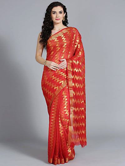 Chhabra 555 khaddi georgette red saree with geometric handloom weaving pattern