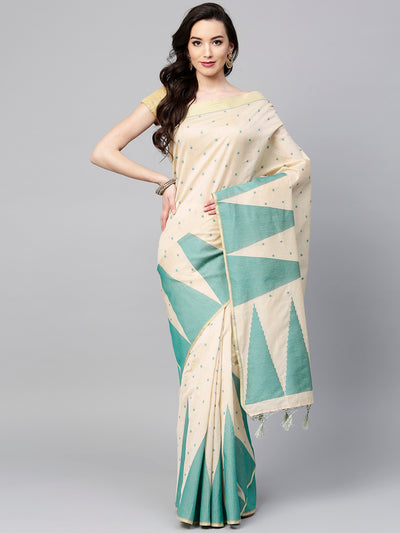 Chhabra 555 Beige and Green Chanderi Silk Handloom, Hand Woven, Tample, Banarasi Zari Weav Border Saree  