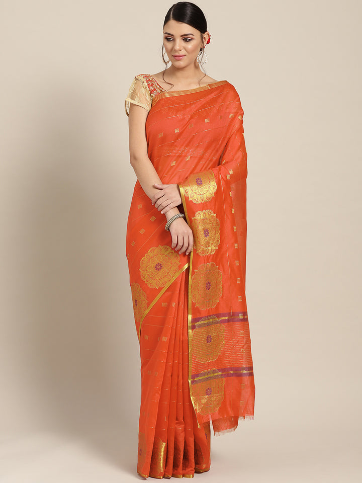 Banarasi Chanderi Silk  Two Toned Orange Saree with Ethnic Zari Geometrical Motifs