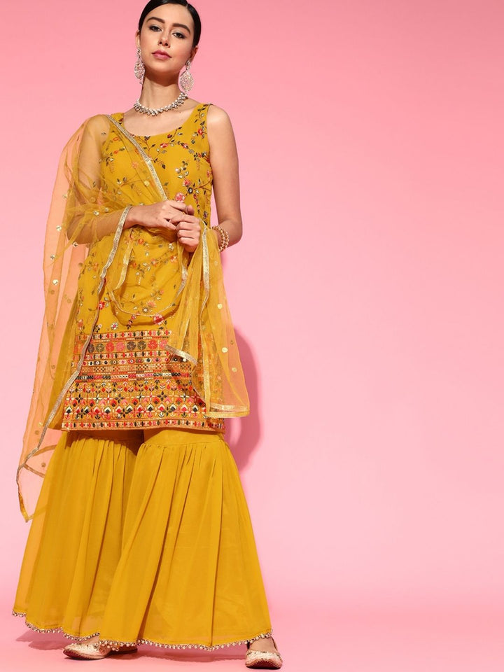 Made-to-Measure Multi Thread & Mirror Embroidery Sharara Suit Set & Sequence Dupatta