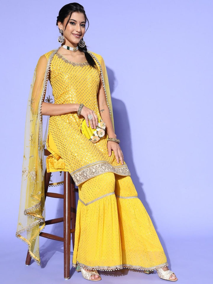 Chhabra 555 Yellow Haldi Sequin & Mukaish Embellished Kurta Sharara Set with Gold Beads Tassels 