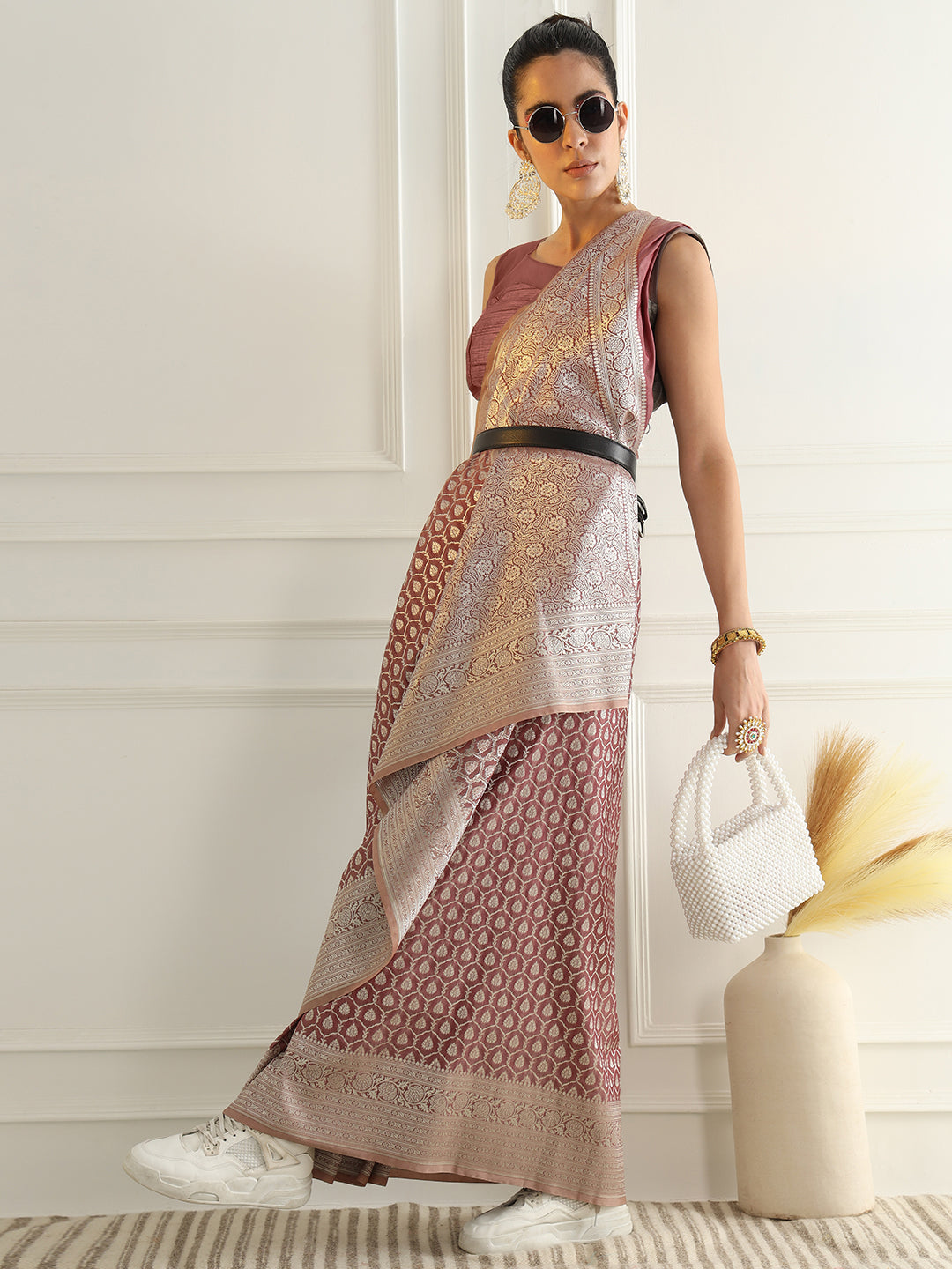 Chhabra 555 Mauve Kanjeewaram Banarasi Silk Traditional Saree with Oxidized Zari Floral Weaving