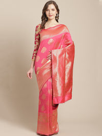 Rose Pink Banarasi Silk Saree with Oxidised Zari Weaving and Floral Ethnic Pattern