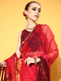 Chhabra 555 Coral Tie & Die Jaipuri Printed Mirror Work Embellished Chiffon Saree & Zari Border