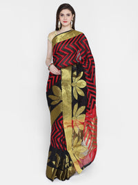 Black & Red  Colored Floral Design Art Silk Saree.