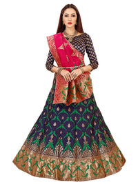 Blue & Magenta Peacock Design Embroidered Banarasi Silk Lehenga Choli & Dupatta