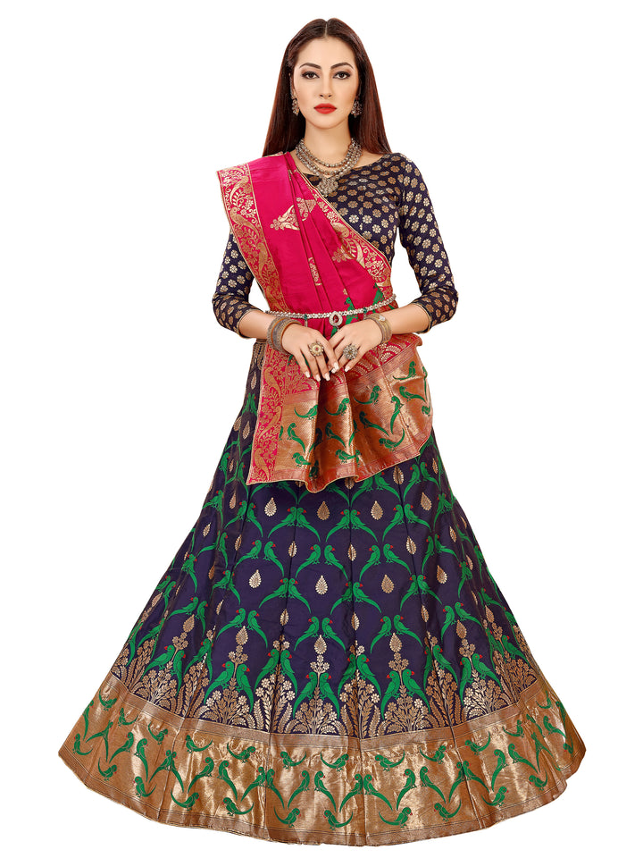 Blue & Magenta Peacock Design Embroidered Banarasi Silk Lehenga Choli & Dupatta
