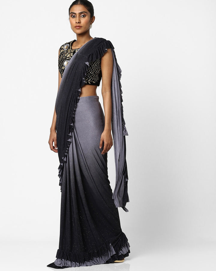 Made to Measure Grey Black rufled ombre saree & Ethnic Embroidered Valvet Blouse