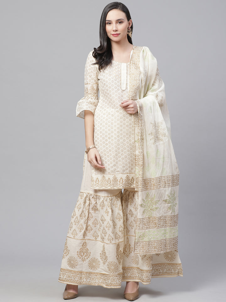 Pure Cotton Cambric Block Printing Stitched Suit with Gotta-Patti Embroidery & Sharara