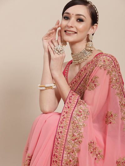 Chhabra 555 Pink Resham & Zari Embroidered Georgette Saree Embellished With Crystals