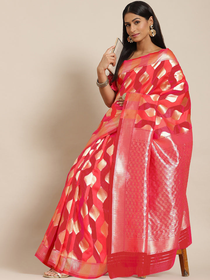 Chhabra 555 Red Striped Banarasi Silk Saree with Intricately Zari Woven border and Pallu