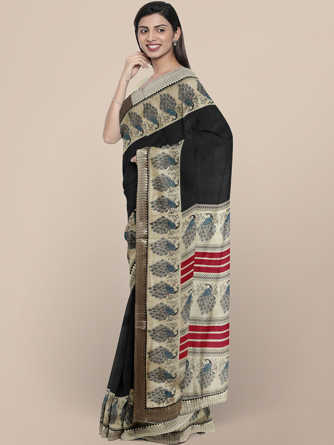 Chhabra 555 Black  Bhagalpuri Printed Peacock motifs Art Silk Saree