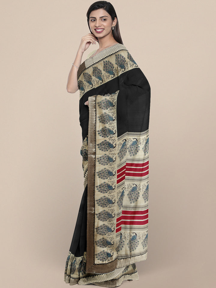Chhabra 555 Black  Bhagalpuri Printed Peacock motifs Art Silk Saree