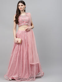 Pastel Pink Mirror Embellished Lehenga Set with Silver Cutdana Embroidery & Net Dupatta