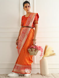 Chhabra 555 Orange Zari Woven Banarasi Saree with Contrast Peacock Motif Border