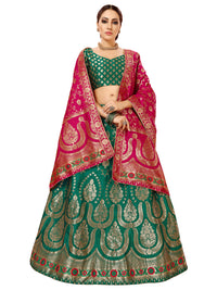 Teal Green & Magenta  Embroidered Banarasi Silk Lehenga Choli & Dupatta