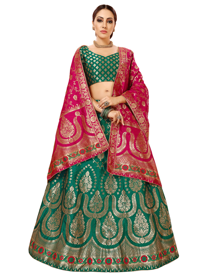 Teal Green & Magenta  Embroidered Banarasi Silk Lehenga Choli & Dupatta