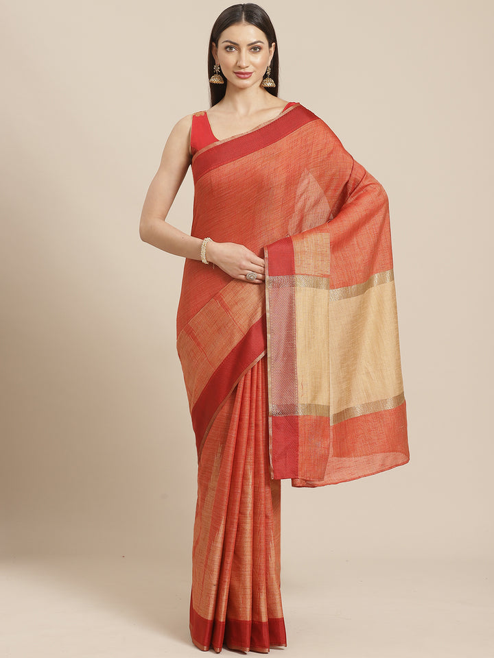 Jute Silk Resham Self embossed Saree with Kanjivaram Temple Pattern & Contrast Border