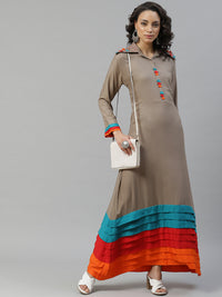 Long Anarkali Rayon Kurti with Multicolors Pleats & Layering, Fringes