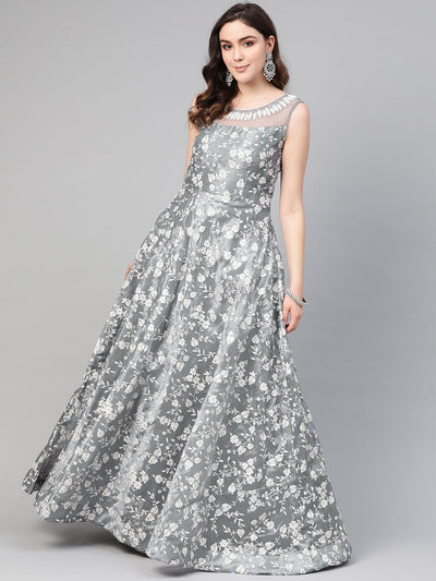Chhabra 555 Grey Cocktail Gown with Pearl Crystal embroidered neckline and floral foil print and dupatta