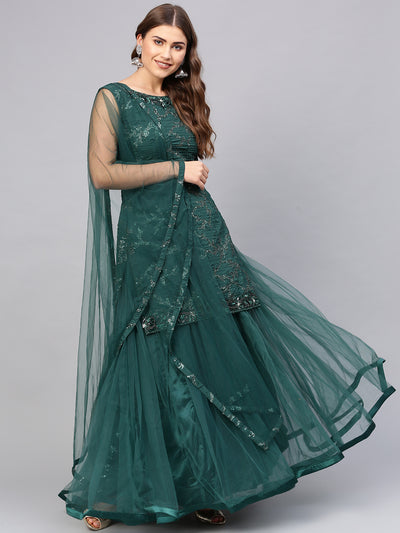 Chhabra 555 Made-to-Measure Green Long Kurta Lehenga Set with Crystal Textured Embellishments and Layered Skirt
