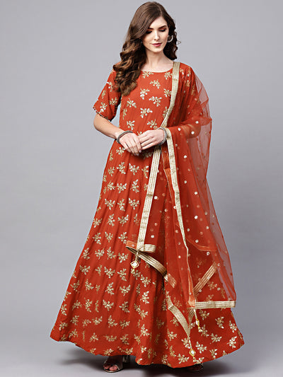 Chhabra 555 Orange Georgette floor length Anarkali Gowna and dupatta with Zari Sequin Embroidery