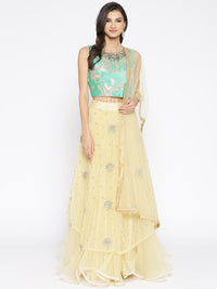 Chhabra 555 Rama Green and Golden Net Embellished Crop top Lehanga With Gotta Patti and Beautiful Thread Work and Nakshi work Choli with Dupatta