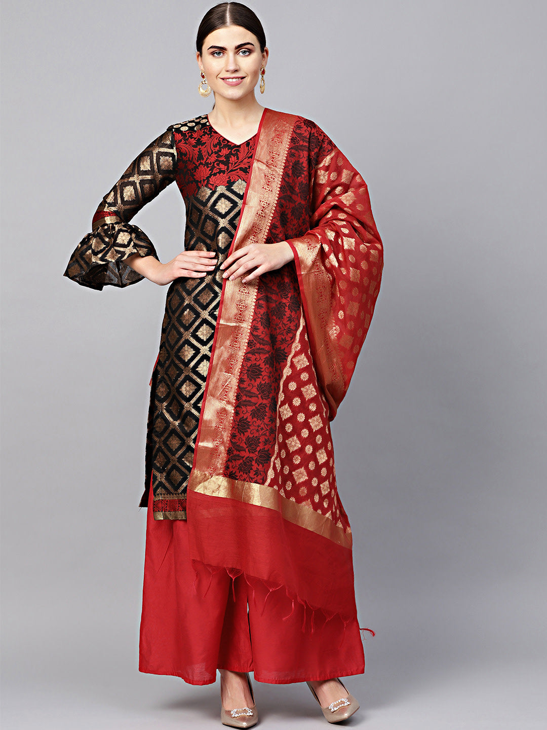 Chhabra 555 Black Banarasi Handloom Dress Material with Zari Resham Weaving and Tassled dupatta