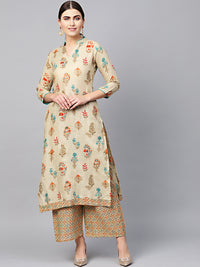 Chhabra 555 Made to Measure Beige Batik Style Kurta With printed pallazos and pearl embellishments