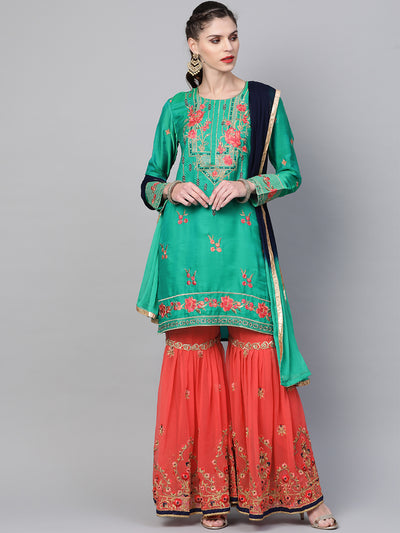 Chhabra 555 Made to Measure Embellished Kurta Sharara Set With Zari, Resham embroidery in a Floral pattern