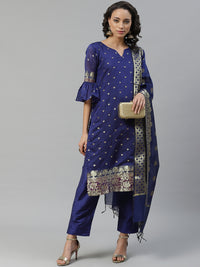 Made to Measure Blue Banarasi Woven Design Kurta with Trousers & Dupatta