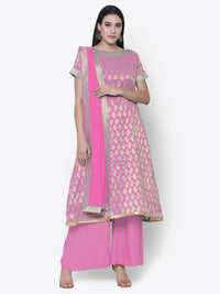 Pink Chanderi Cotton Unstitched Dress Material With Dupatta
