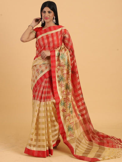 Chhabra 555 Zari woven Checked Half & Half Chanderi Saree with Floral Resham Embroidery