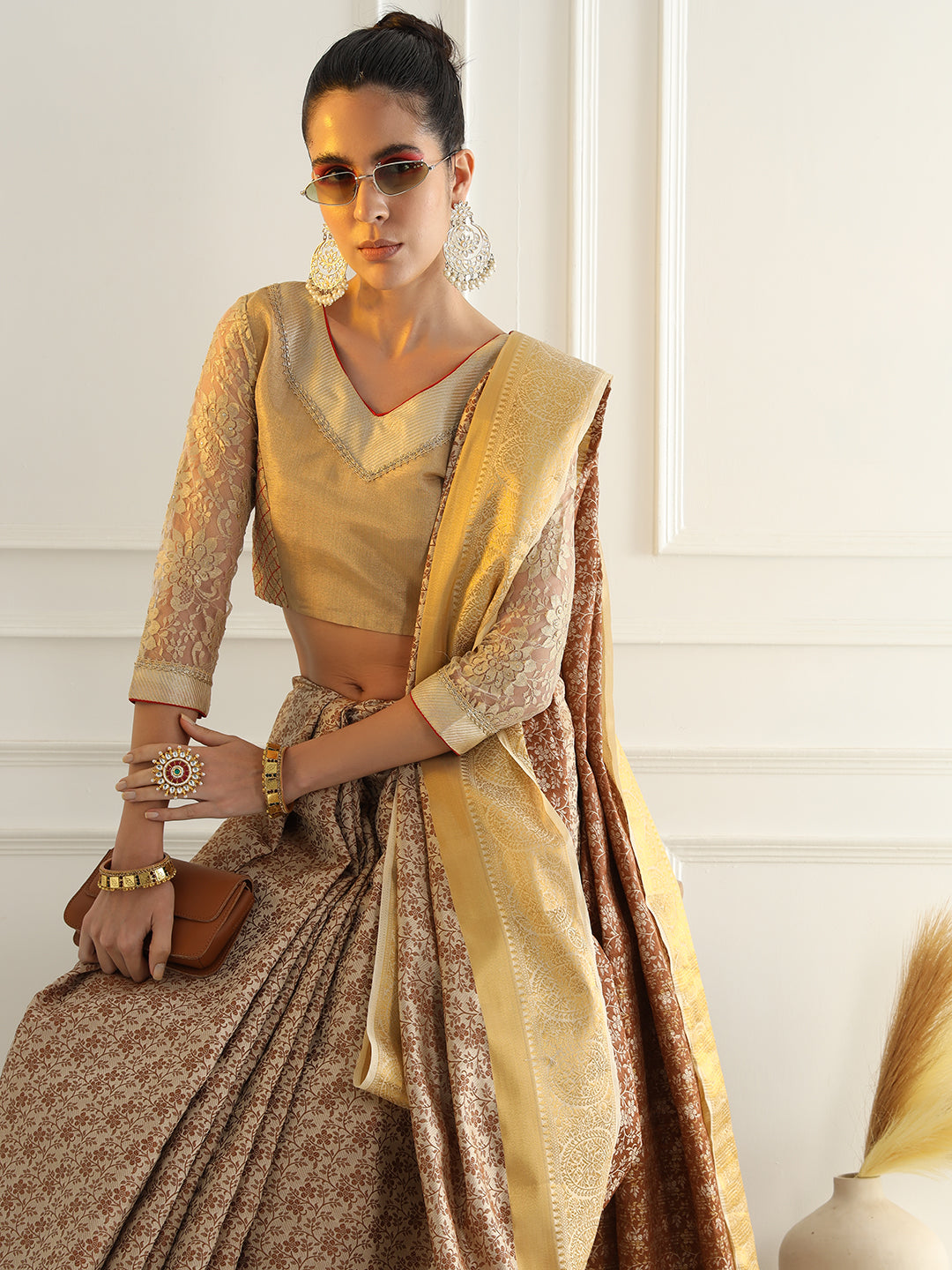 Chhabra 555 Beige Floral Jaal Pattern Khadi Silk Beautiful Traditional Saree