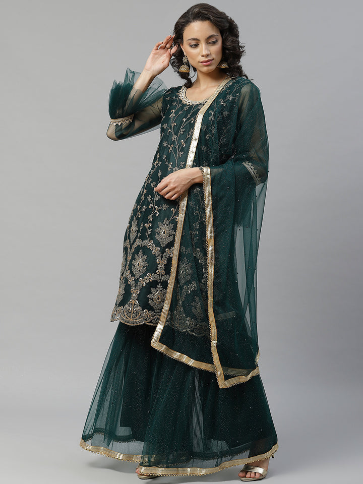 Made to Measure Bottle Green Gold Zari Embroidery Net Kurta Sharara Set with Net Dupatta