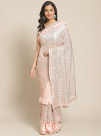Bling Lycra Rose Gold Saree with Festive Layering & Sequence Embroidery Patchwork